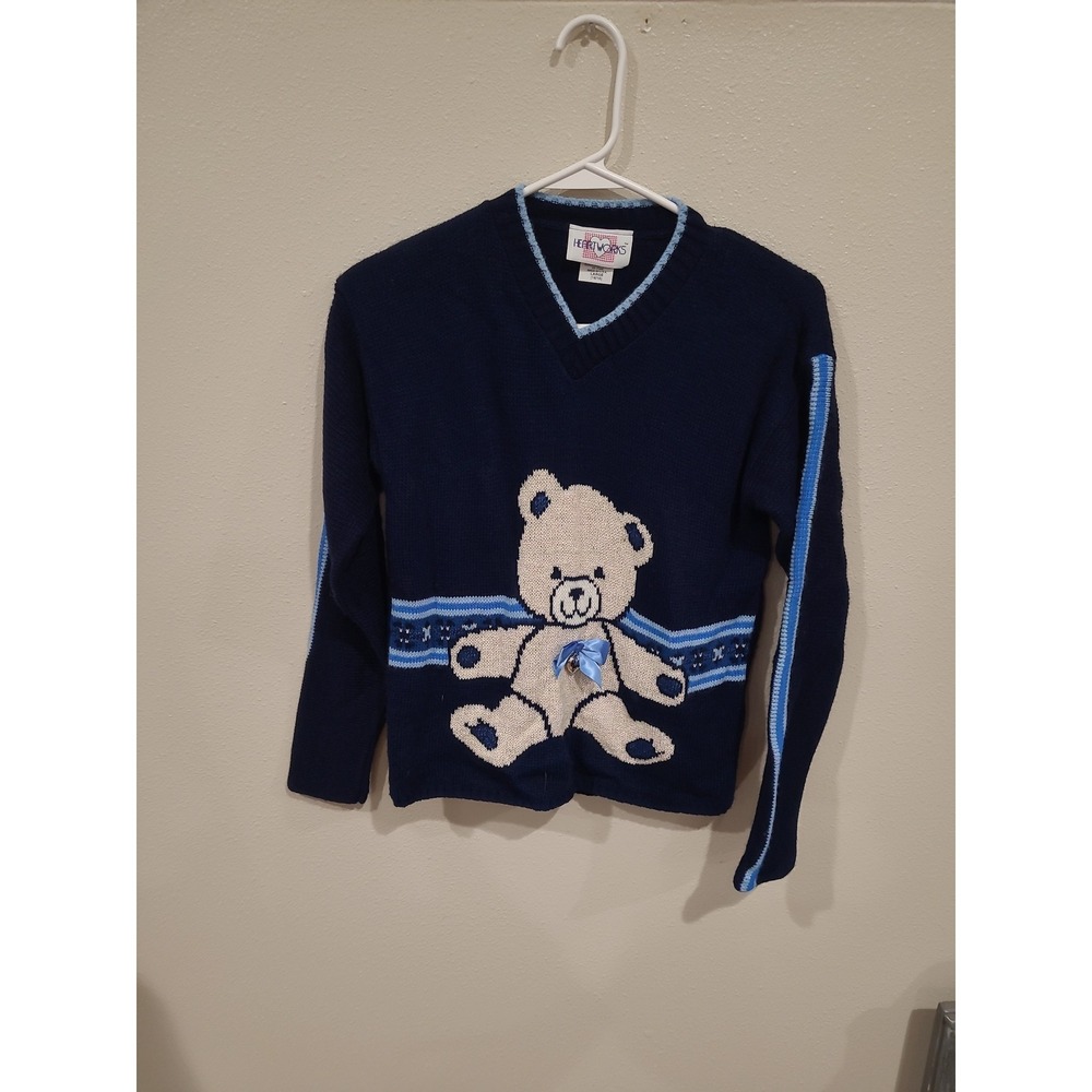 Vtg. Heartworks Made in USA girls SZ‎ Lg 14/16 Navy Teddy Bear crew neck Sweater